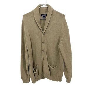 Lands End Men's Tan Shawl Collar Cardigan Sweater Button Front Men's Size Large